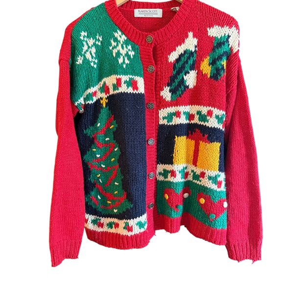 80s Vintage KAREN SCOTT | Chunky Knit Christmas Sweater Cardigan | Small Petite - Picture 1 of 7